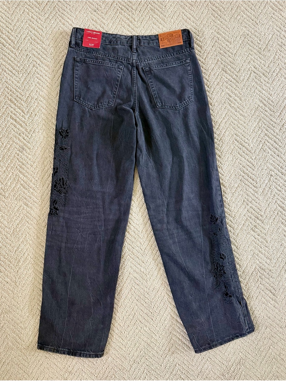 Lucky Brand The Baggy Black Embroidered Cutout Flower Jeans Boho - Picture 3 of 8